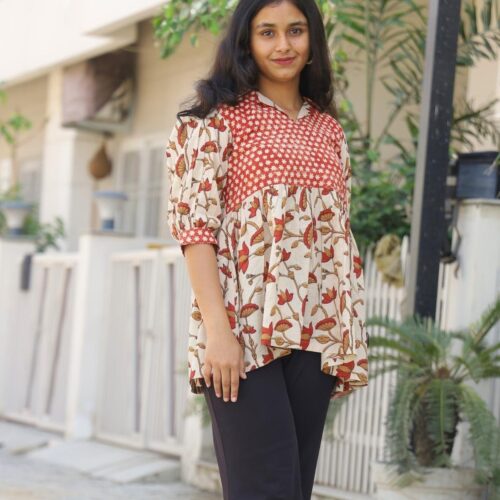 Rust & Cream Handblock Cotton Collar Top