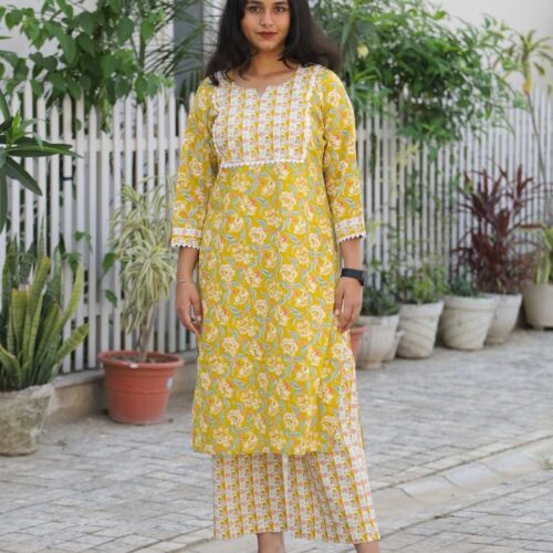 Yellow Floral Block Print Kurta Set