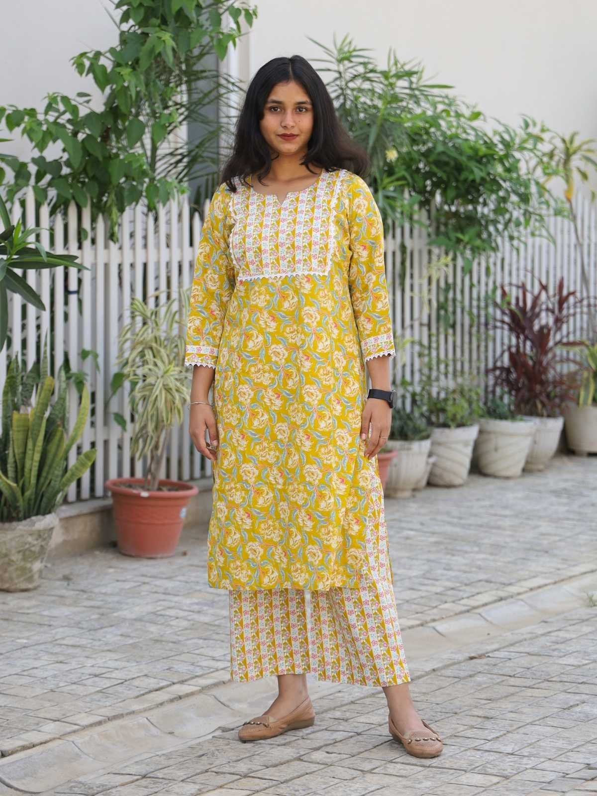 yellow-floral-block-print-kurta-set