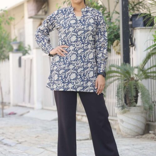 Navy Blue Floral Short Kurta
