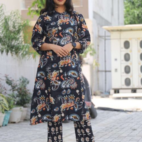 Midnight Paisley Mandarin Collar Kurta Palazzo Set
