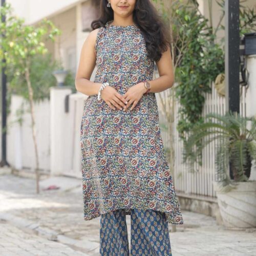 Blue Floral Sleeveless A-Line Kurta Palazzo Set